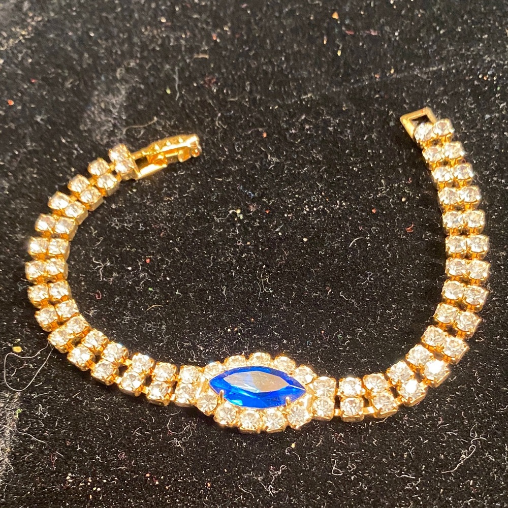 Gold-Tone Bracelet with Blue Marquise Center and Clear Crystals